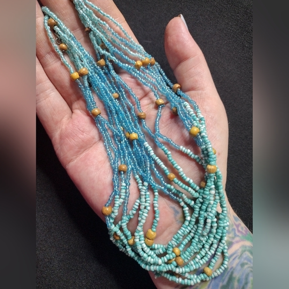 Blue Beaded Necklace With Wood Accent Beads - Picture 2 of 8